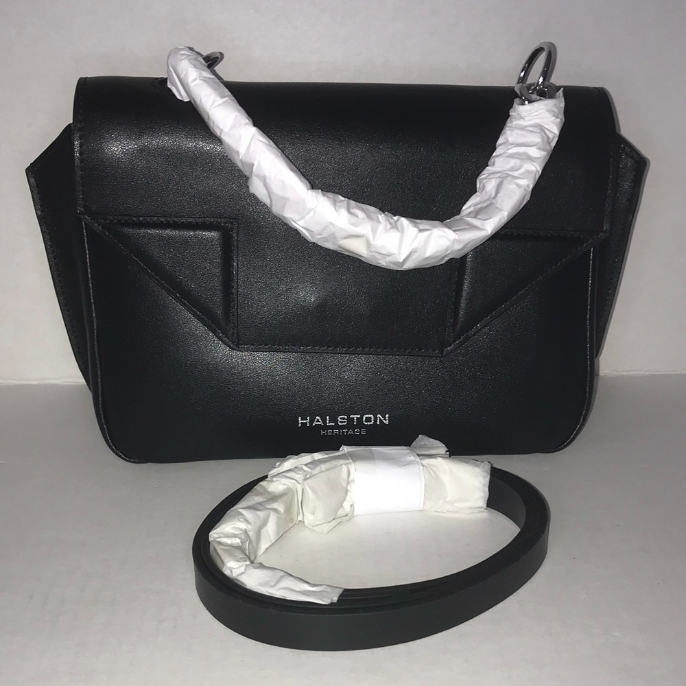 Halston Heritage Bag Black Leather Crossbody Chain Strap Leather Strap Bag NWT - Picture 7 of 10